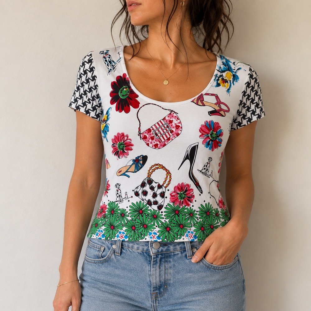 Dolce Cabo Graphic Print Embellished Cutout Top Large Y2K Whimsical Maximalist